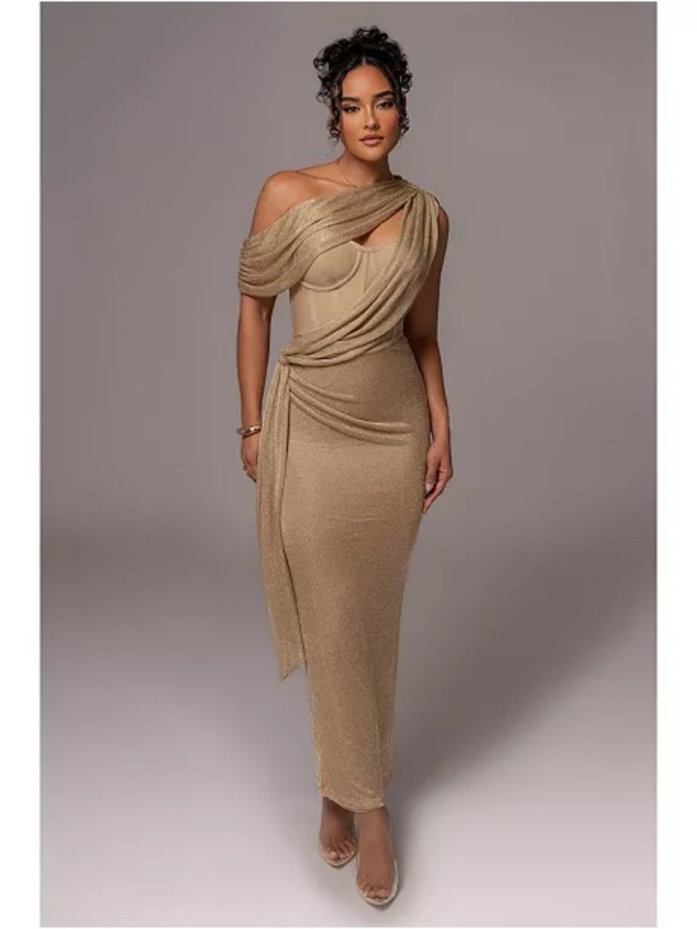 JLUXLABEL One-Shoulder Metallic Gold Draped Evening Gown - Picture 2 of 7